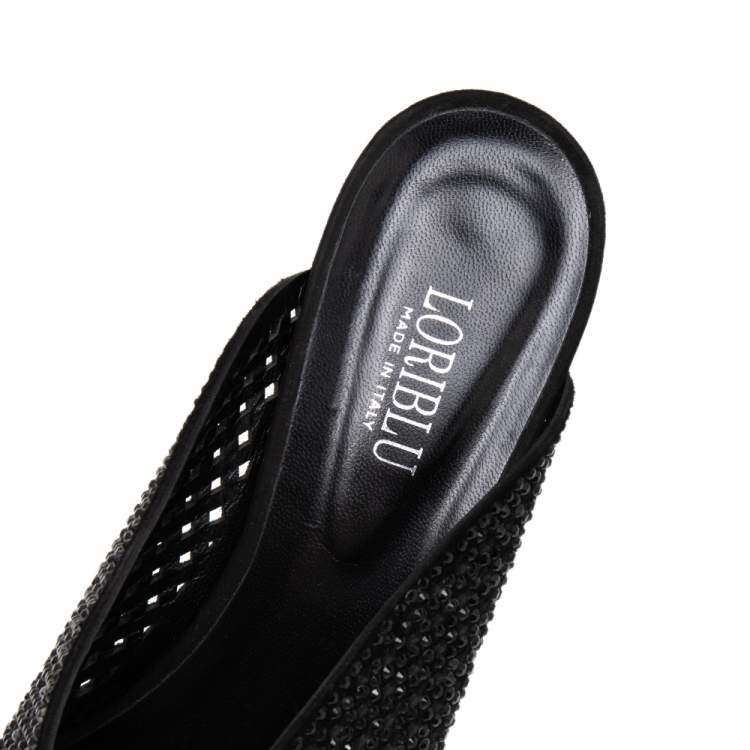 Pre Owned Loriblu Black Laser-Cut Suede Crystal Embellished Mules Size 40