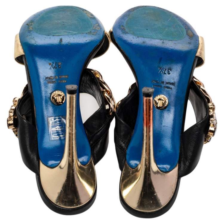 Pre Owned Loriblu Black/Gold Leather Embellished Chain Detail Slide Sandals Size 37.5