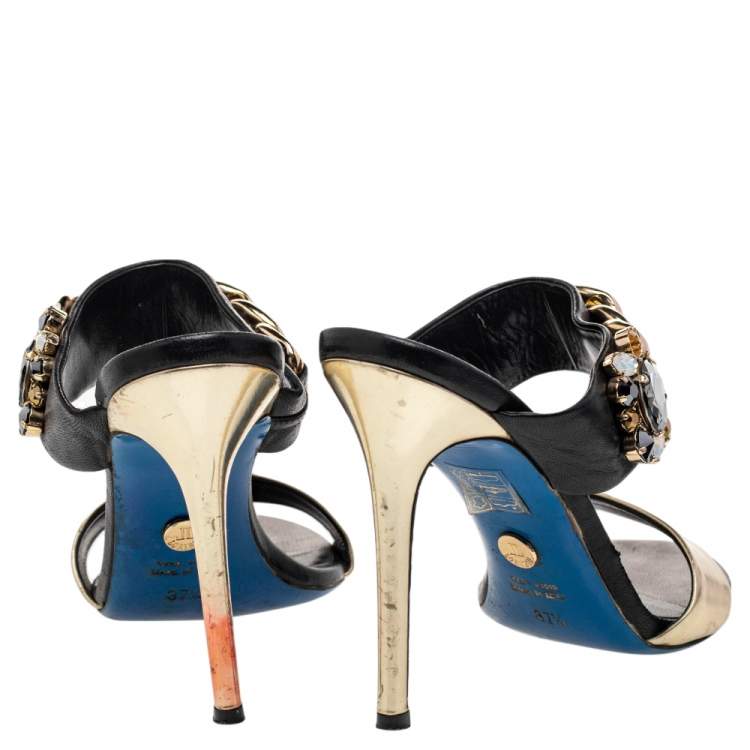 Pre Owned Loriblu Black/Gold Leather Embellished Chain Detail Slide Sandals Size 37.5