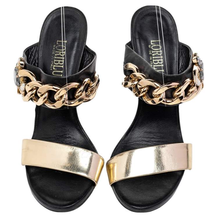 Pre Owned Loriblu Black/Gold Leather Embellished Chain Detail Slide Sandals Size 37.5
