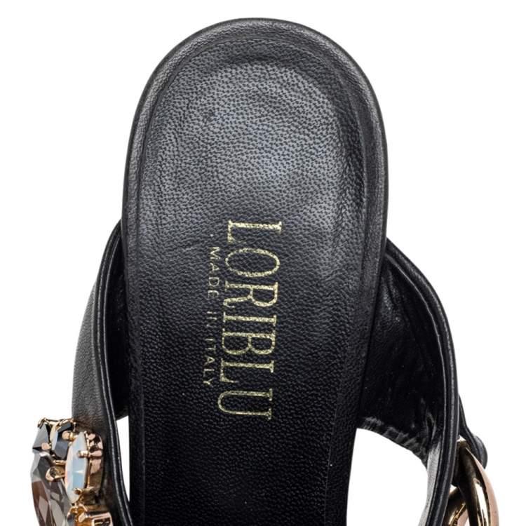 Pre Owned Loriblu Black/Gold Leather Embellished Chain Detail Slide Sandals Size 37.5