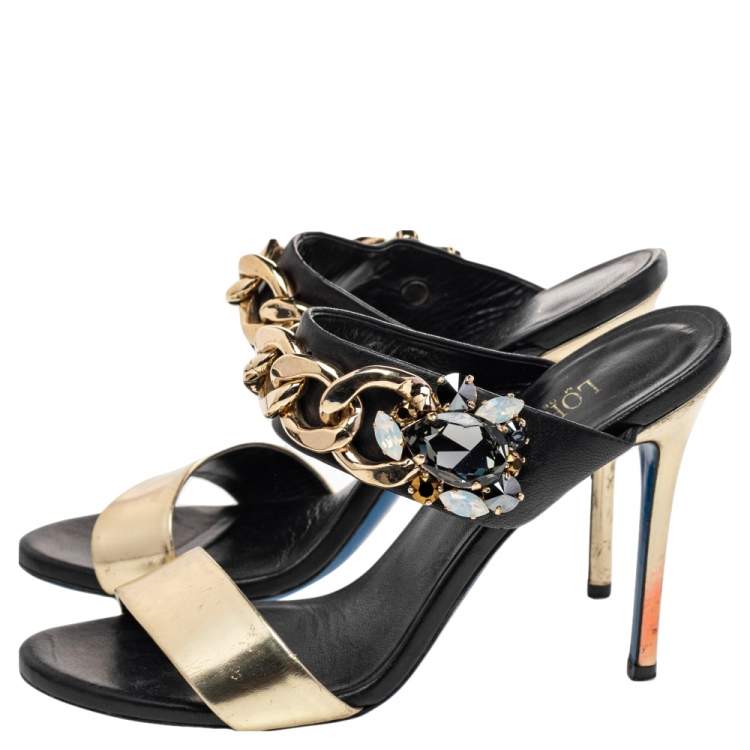 Pre Owned Loriblu Black/Gold Leather Embellished Chain Detail Slide Sandals Size 37.5