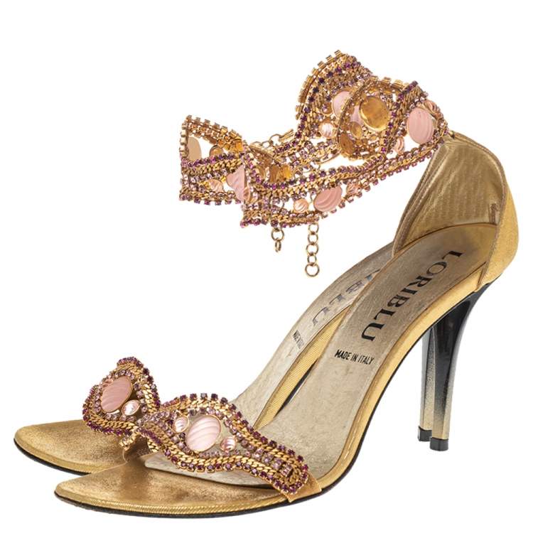 Pre Owned Loriblu Gold Tone Metal And Suede Embellished Ankle Cuff Sandals Size 39
