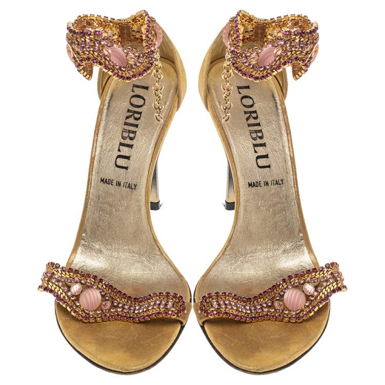 Pre Owned Loriblu Gold Tone Metal And Suede Embellished Ankle Cuff Sandals Size 39