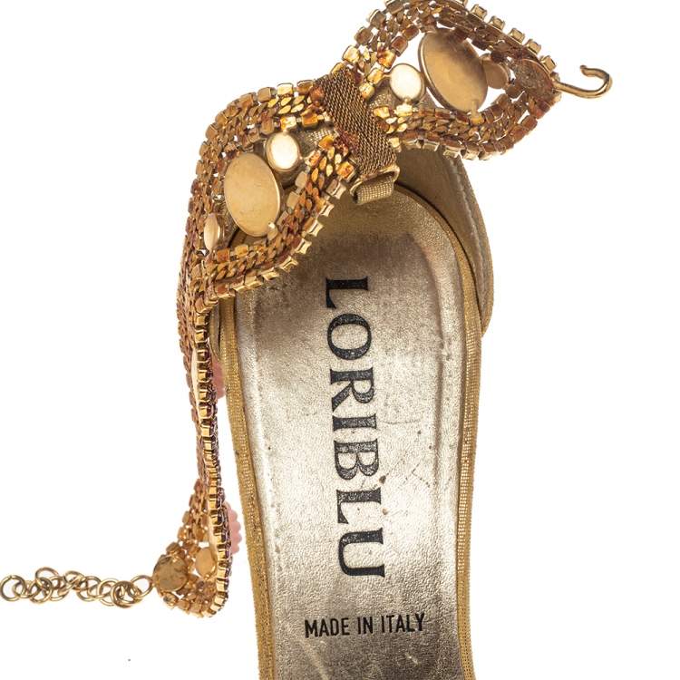 Pre Owned Loriblu Gold Tone Metal And Suede Embellished Ankle Cuff Sandals Size 39