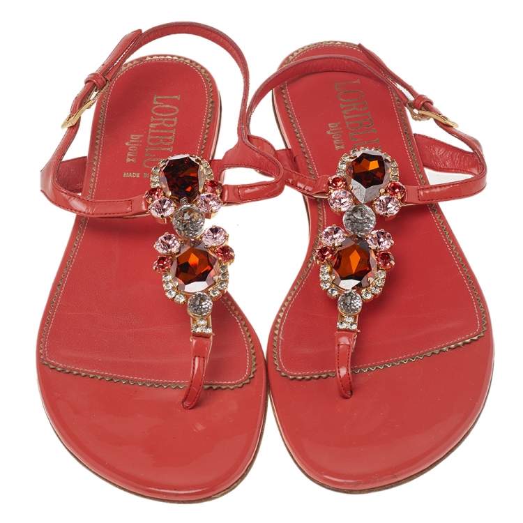 Pre Owned Loriblu Orange Patent Leather Crystal Embellished Ankle Strap Flat Sandals Size 40