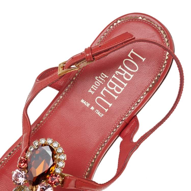 Pre Owned Loriblu Orange Patent Leather Crystal Embellished Ankle Strap Flat Sandals Size 40