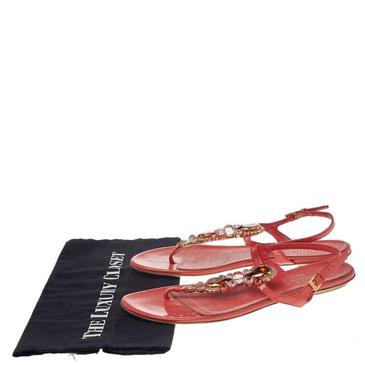 Pre Owned Loriblu Orange Patent Leather Crystal Embellished Ankle Strap Flat Sandals Size 40