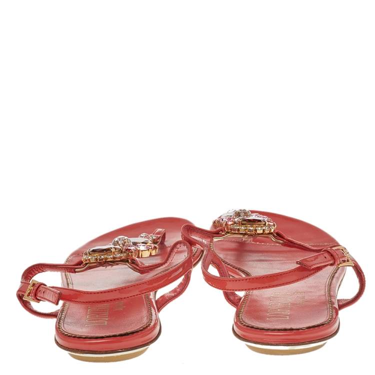 Pre Owned Loriblu Orange Patent Leather Crystal Embellished Ankle Strap Flat Sandals Size 40