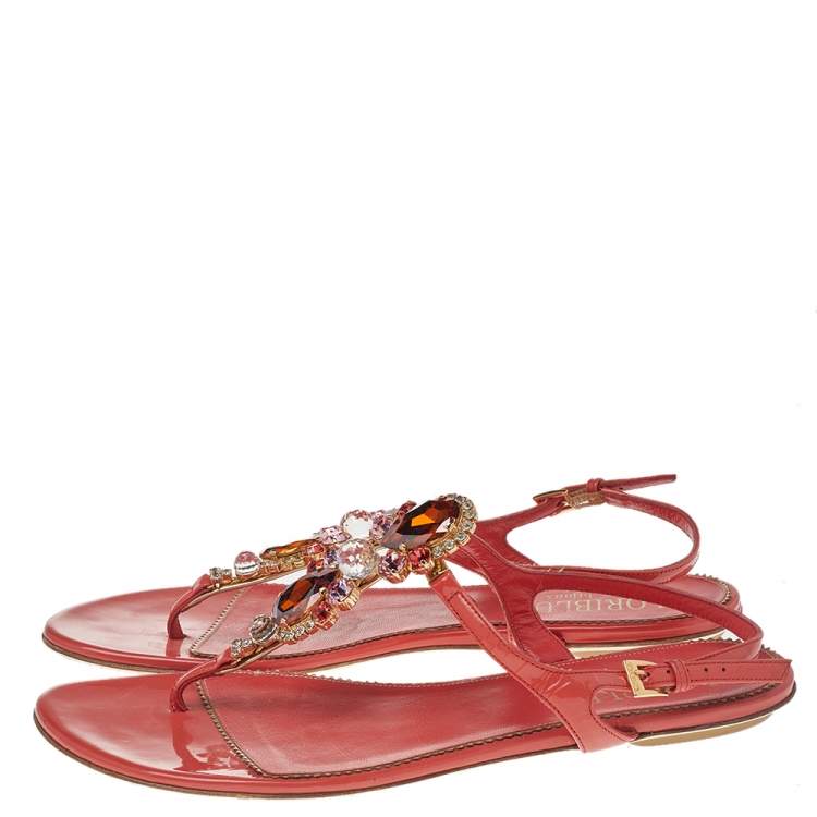 Pre Owned Loriblu Orange Patent Leather Crystal Embellished Ankle Strap Flat Sandals Size 40