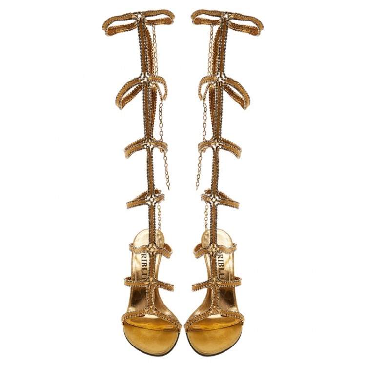 Pre Owned Loriblu Gold Tone Metal Crystal Embellished Strappy Gladiator Knee Length Sandals Size 39