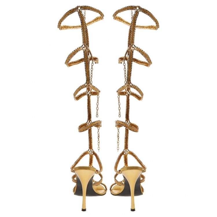 Pre Owned Loriblu Gold Tone Metal Crystal Embellished Strappy Gladiator Knee Length Sandals Size 39