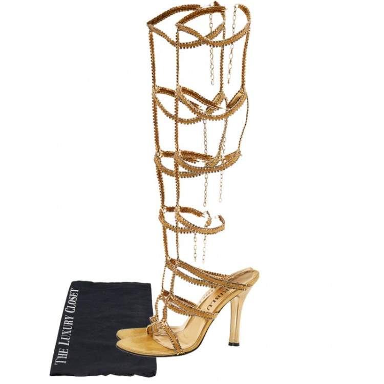 Pre Owned Loriblu Gold Tone Metal Crystal Embellished Strappy Gladiator Knee Length Sandals Size 39