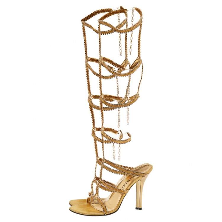 Pre Owned Loriblu Gold Tone Metal Crystal Embellished Strappy Gladiator Knee Length Sandals Size 39