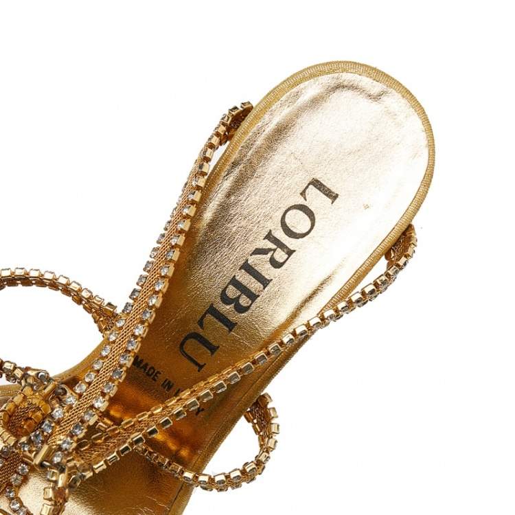 Pre Owned Loriblu Gold Tone Metal Crystal Embellished Strappy Gladiator Knee Length Sandals Size 39