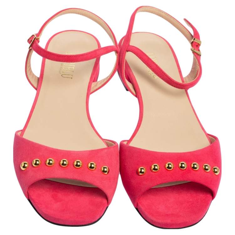 Pre Owned Loriblu Pink Suede Studded Peep Toe Ankle Strap Sandals Size 39