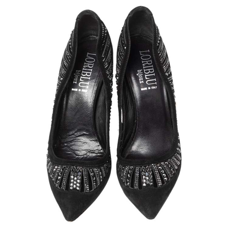 Pre Owned Loriblu Black Suede Crystal Embellished Pumps Size 39