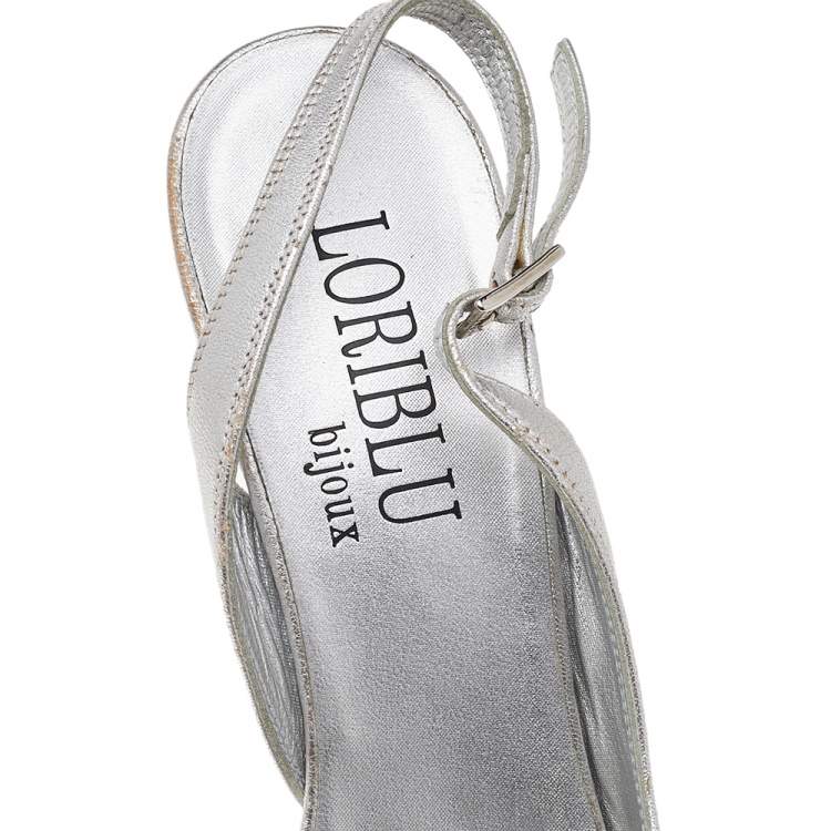 Pre Owned Loriblu Metallic Silver Leather Crystal Embellished Ankle Strap Sandals Size 39