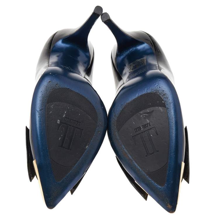 Pre Owned Loriblu Black Patent Leather Pointed Metal Cap Toe Pumps Size 37