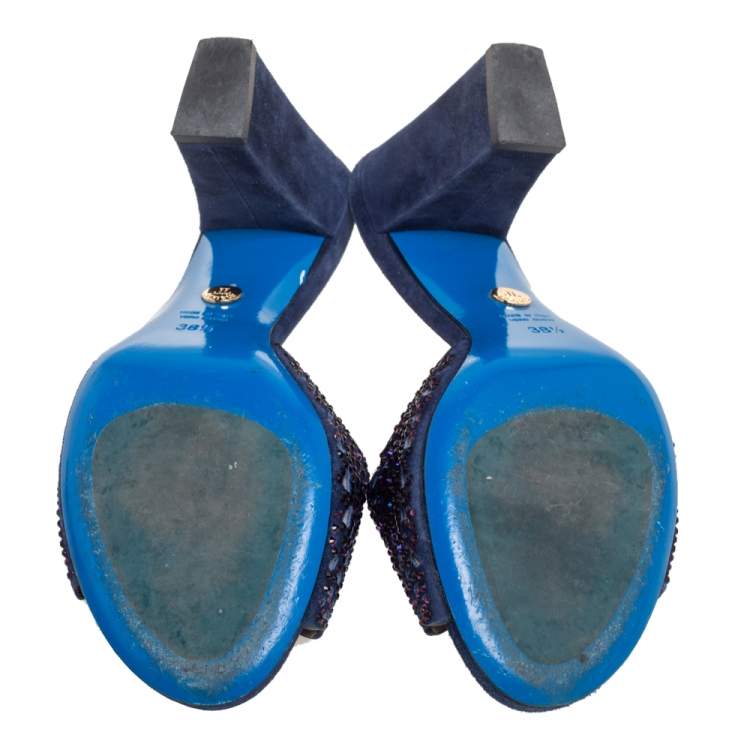 Pre Owned Loriblu Navy Blue Suede Embellished Slide Sandals Size 38.5