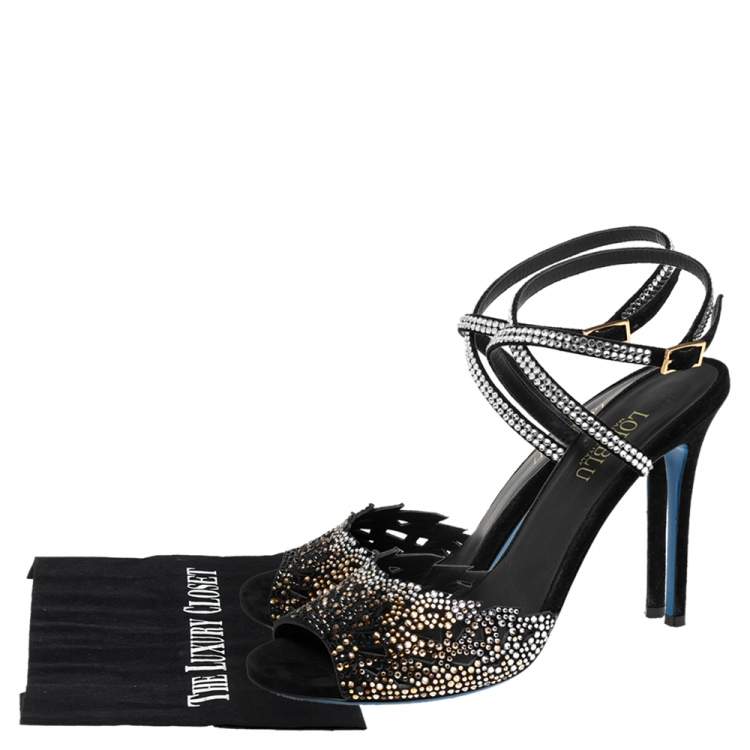 Pre Owned Loriblu Black Suede Crystal Embellished Ankle Strap Sandals Size 38