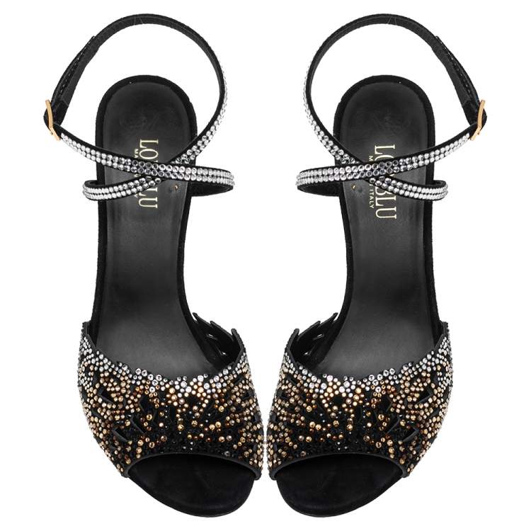 Pre Owned Loriblu Black Suede Crystal Embellished Ankle Strap Sandals Size 38