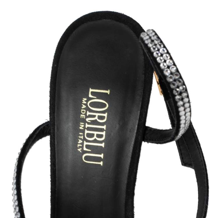 Pre Owned Loriblu Black Suede Crystal Embellished Ankle Strap Sandals Size 38