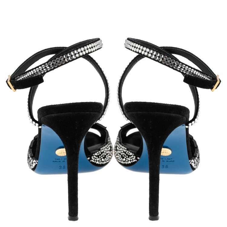 Pre Owned Loriblu Black Suede Crystal Embellished Ankle Strap Sandals Size 38
