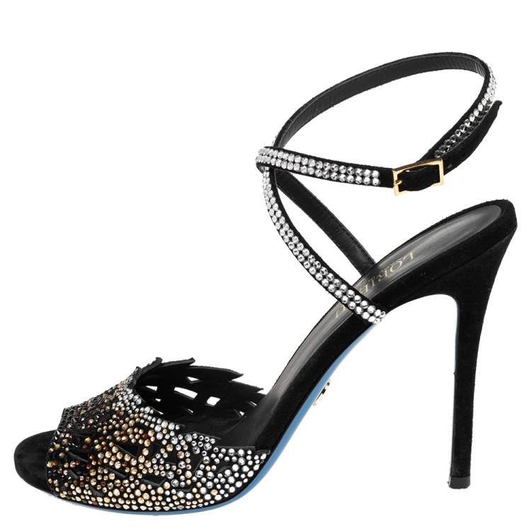 Pre Owned Loriblu Black Suede Crystal Embellished Ankle Strap Sandals Size 38