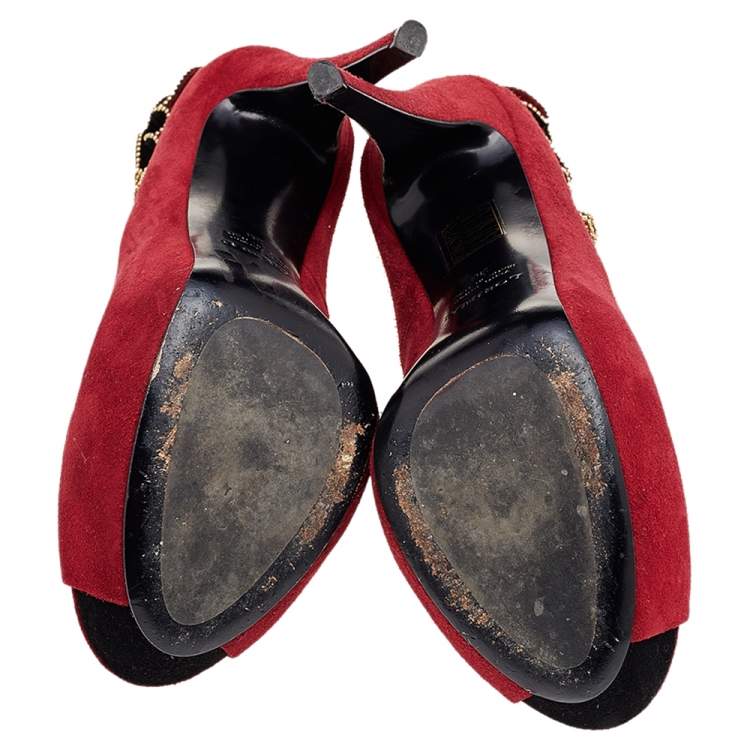 Pre Owned Loriblu Red Suede Embellished Peep Toe Pumps Size 38