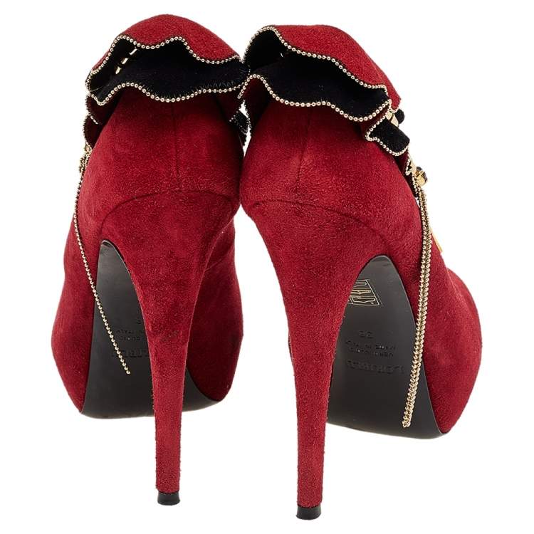 Pre Owned Loriblu Red Suede Embellished Peep Toe Pumps Size 38