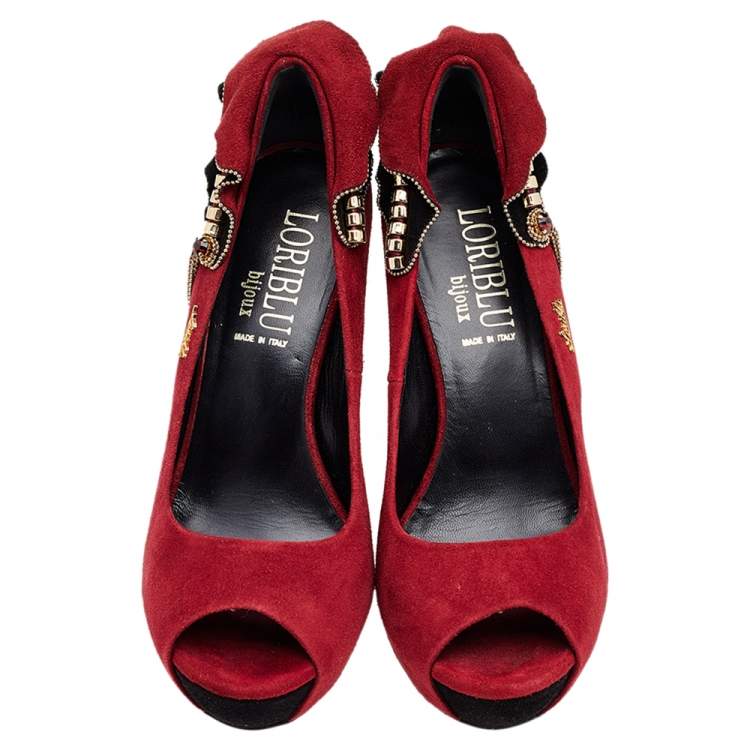 Pre Owned Loriblu Red Suede Embellished Peep Toe Pumps Size 38