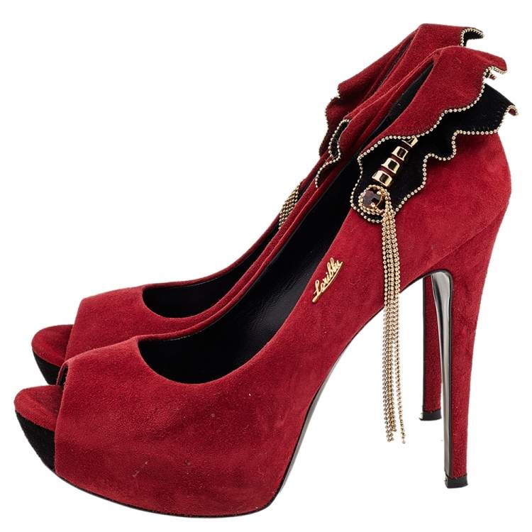Pre Owned Loriblu Red Suede Embellished Peep Toe Pumps Size 38