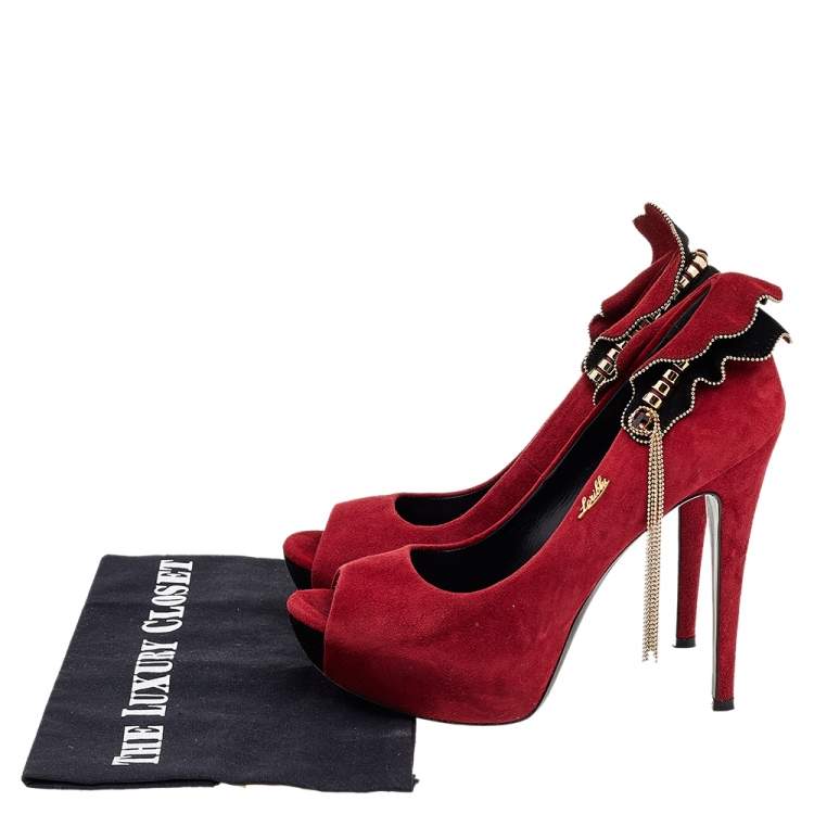 Pre Owned Loriblu Red Suede Embellished Peep Toe Pumps Size 38