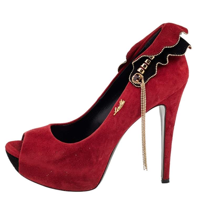 Pre Owned Loriblu Red Suede Embellished Peep Toe Pumps Size 38