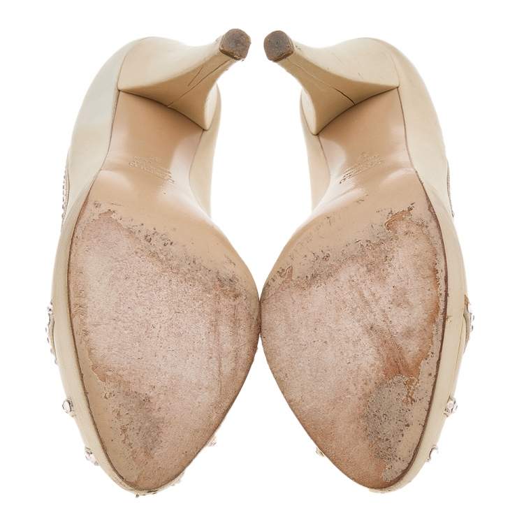 Pre Owned Loriblu Cream Leather Crystal Embellished Peep Toe Pumps Size 37