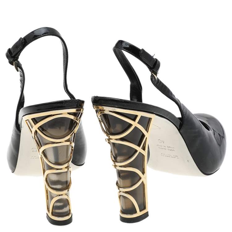 Pre Owned Loriblu Black Patent Leather Block Heel Slingback Sandals Size 40