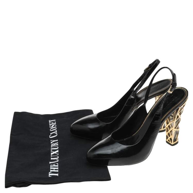 Pre Owned Loriblu Black Patent Leather Block Heel Slingback Sandals Size 40