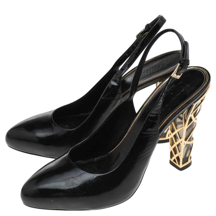 Pre Owned Loriblu Black Patent Leather Block Heel Slingback Sandals Size 40