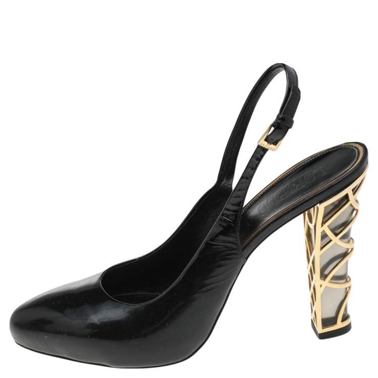 Pre Owned Loriblu Black Patent Leather Block Heel Slingback Sandals Size 40