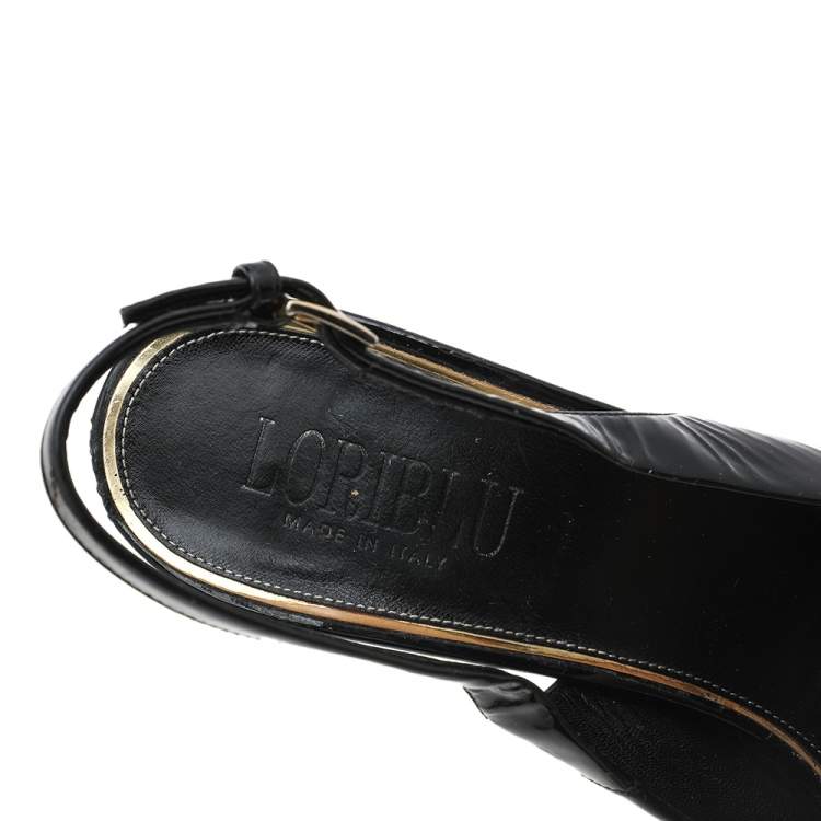 Pre Owned Loriblu Black Patent Leather Block Heel Slingback Sandals Size 40