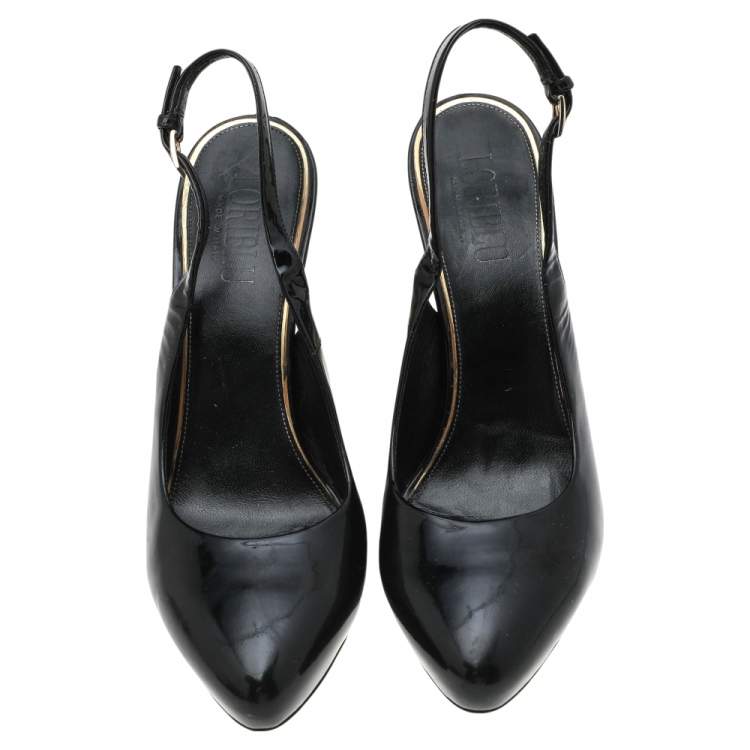 Pre Owned Loriblu Black Patent Leather Block Heel Slingback Sandals Size 40
