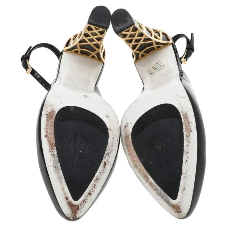 Pre Owned Loriblu Black Patent Leather Block Heel Slingback Sandals Size 40