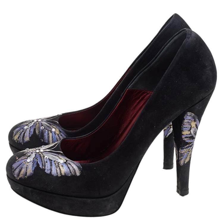 Pre Owned Loriblu Black Suede Butterfly Print Platform Pumps Size 38.5