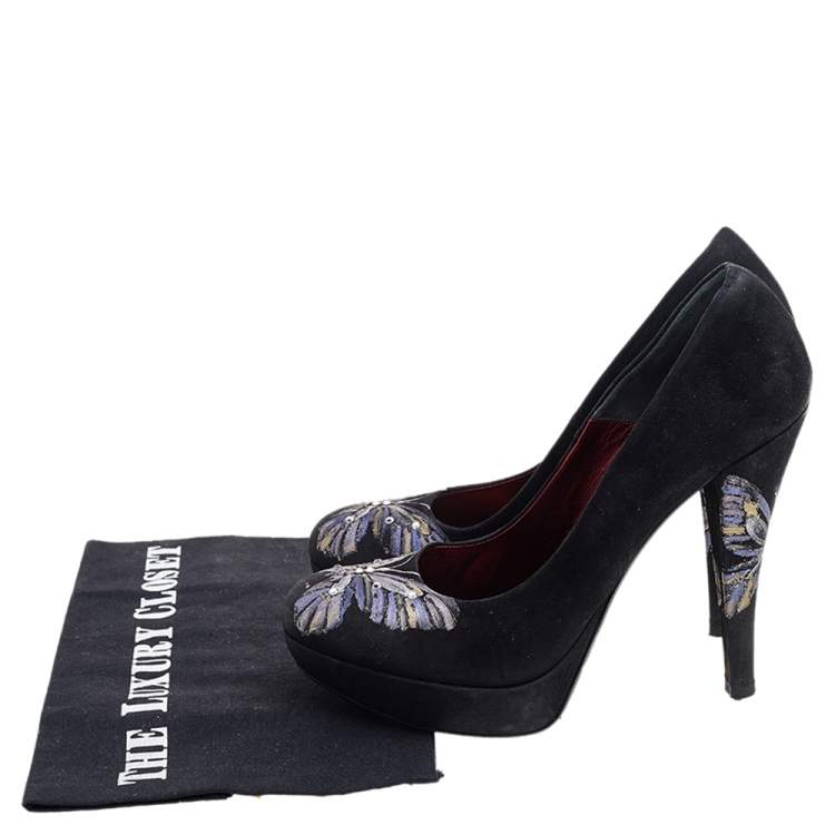 Pre Owned Loriblu Black Suede Butterfly Print Platform Pumps Size 38.5