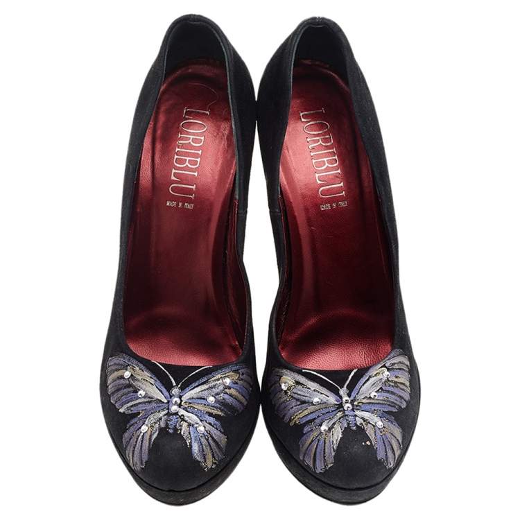 Pre Owned Loriblu Black Suede Butterfly Print Platform Pumps Size 38.5