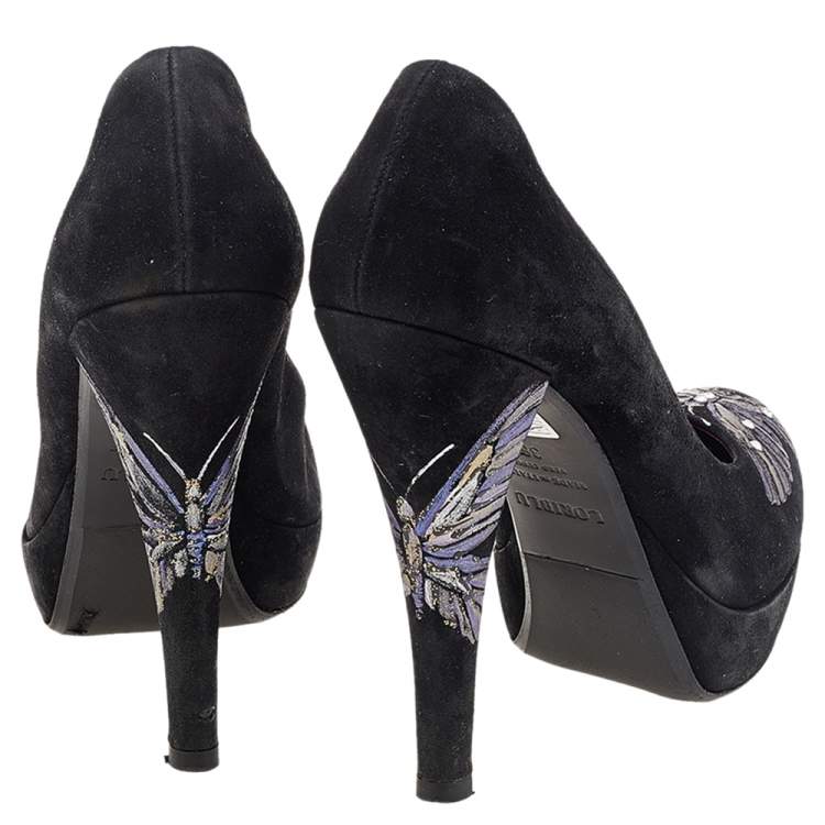Pre Owned Loriblu Black Suede Butterfly Print Platform Pumps Size 38.5