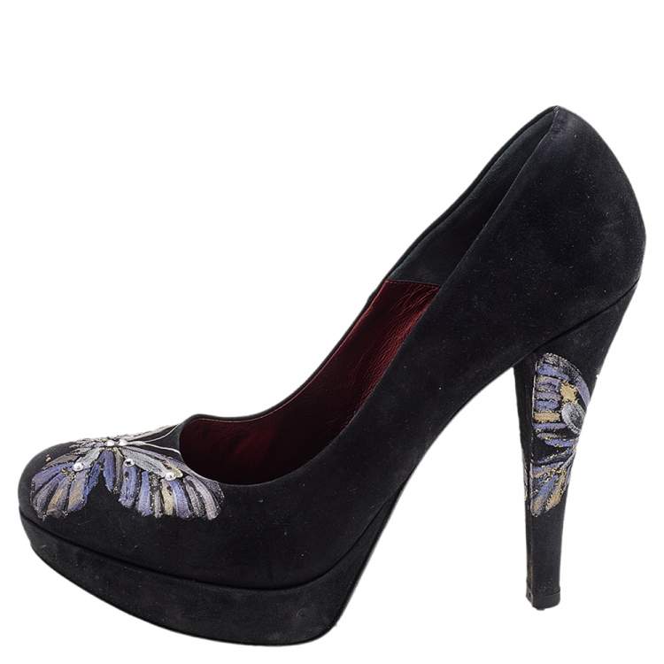 Pre Owned Loriblu Black Suede Butterfly Print Platform Pumps Size 38.5