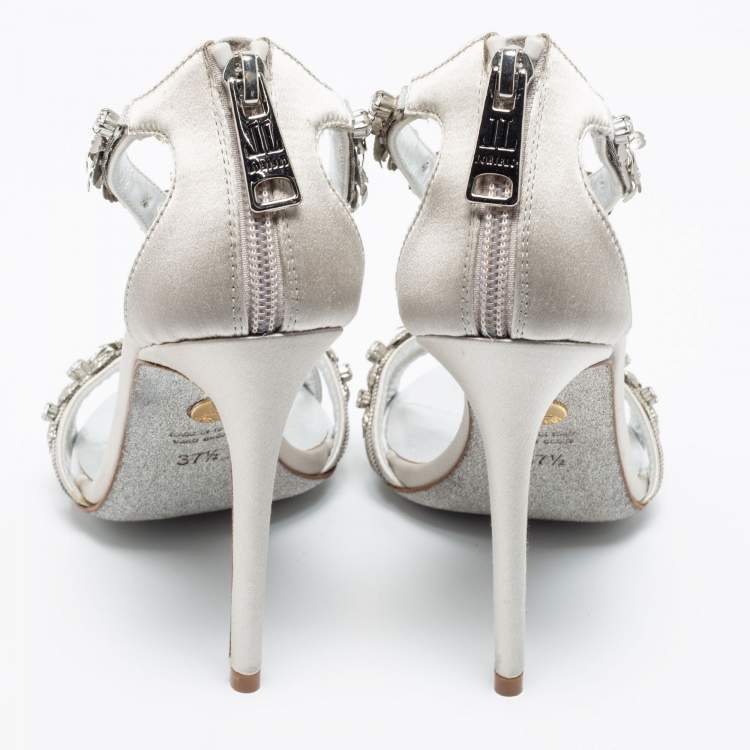 Pre Owned Loriblu Bijoux Silver Satin Crystal Floral Embellished Studded Sandals Size 37.5