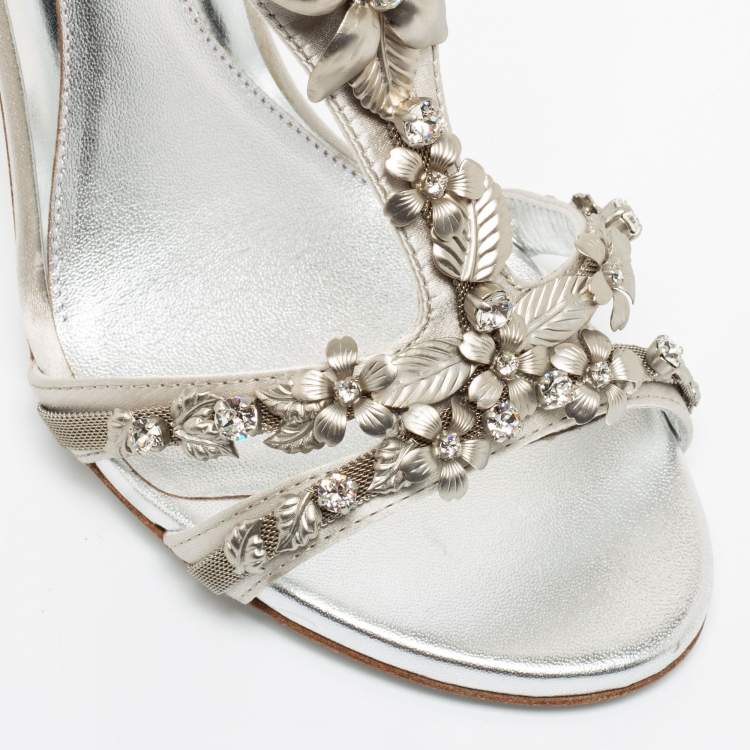 Pre Owned Loriblu Bijoux Silver Satin Crystal Floral Embellished Studded Sandals Size 37.5